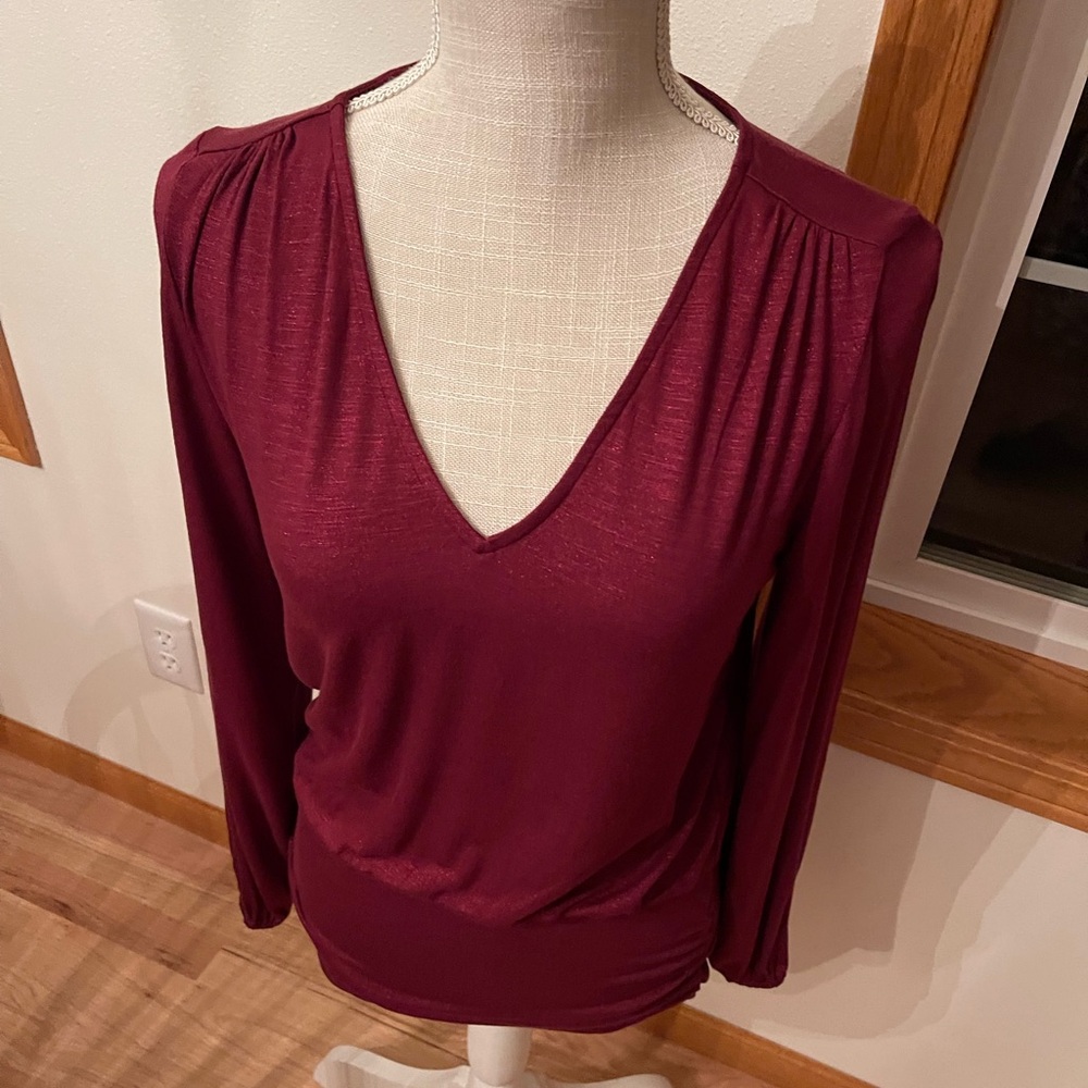 White House Black Market Deep Red V-Neck Blouse